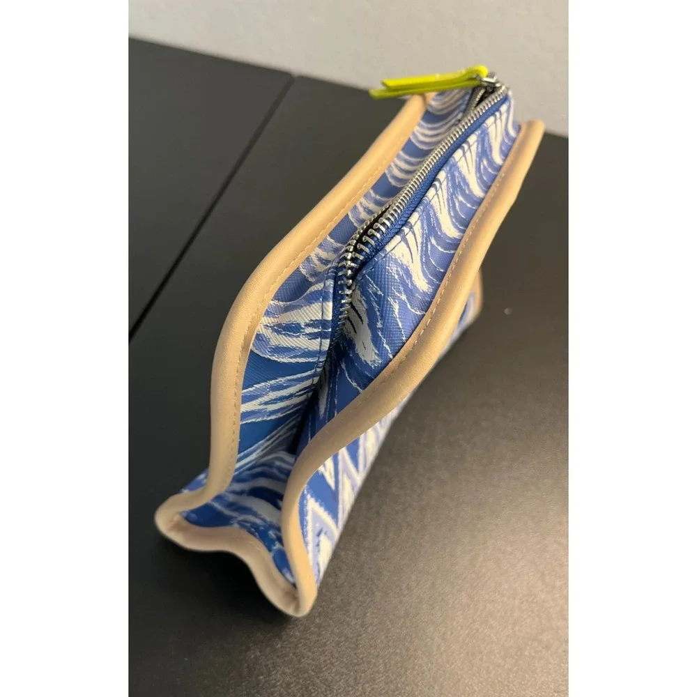 Stella & Dot Blue Ikat Makeup‎ Cord Pouch Travel Bag Yellow Zebra Lining